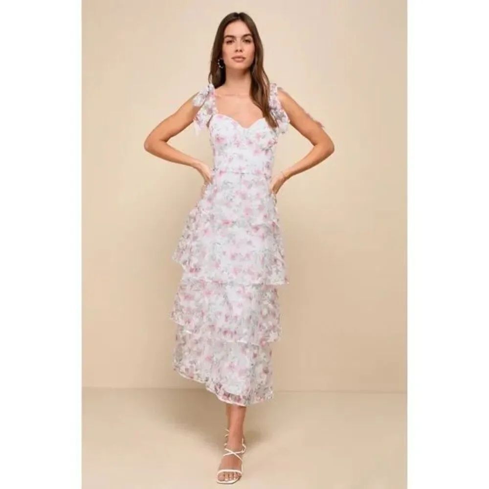 Lulu’s Endlessly Gorgeous Burnout Tie-Strap Midi Dress in White Pink Floral XL